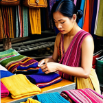 **Prompt:** A woman browsing through sustainable fashion items at a local Thai market, focusing on clothing made from natural dyes and handwoven fabrics. The scene should highlight the vibrant colors and textures of the textiles and the craftsmanship involved.