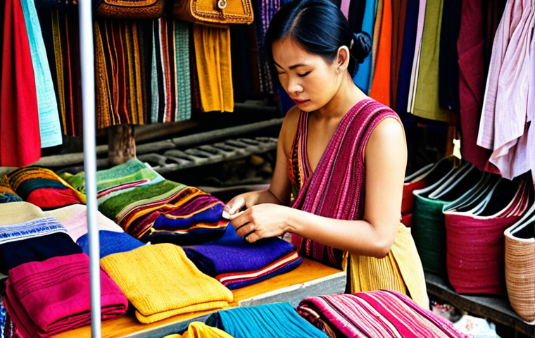 **Prompt:** A woman browsing through sustainable fashion items at a local Thai market, focusing on clothing made from natural dyes and handwoven fabrics. The scene should highlight the vibrant colors and textures of the textiles and the craftsmanship involved.